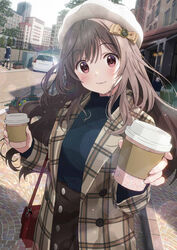  2girls bag black_sweater blush bow brown_bow brown_coat brown_hair brown_skirt building buttons car closed_mouth coat commentary cup day disposable_coffee_cup disposable_cup hairbow hat head_tilt high-waist_skirt highres holding holding_cup idolmaster idolmaster_shiny_colors lamp lens_flare light_particles long_hair long_sleeves looking_at_viewer motor_vehicle multiple_girls open_clothes open_coat outdoors pavement plaid plant potted_plant railing red_eyes ribbed_sweater road shirt_tucked_in shoulder_bag sidewalk skirt sleeves_past_wrists smile solo_focus sonsoso standing street sweater tareme tree tsukioka_kogane turtleneck turtleneck_sweater walking white_hat wing_collar winter_clothes 