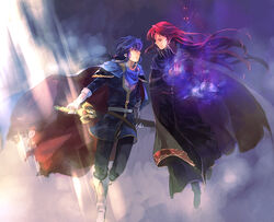  2boys armor bad_id bad_pixiv_id blue_eyes blue_hair boots breastplate cape cloak commentary_request fire_emblem fire_emblem:_genealogy_of_the_holy_war gloves half-siblings holding holding_sword holding_weapon julius_(fire_emblem) kaito_(sawayakasawaday) long_hair multiple_boys red_eyes red_hair seliph_(fire_emblem) sword weapon 