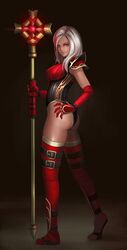  armor ass banned_artist belt_boots boots elbow_gloves full_body gloves holding holding_weapon leotard long_hair looking_at_viewer red_eyes red_footwear red_legwear sally_whitemane shoulder_armor solo staff thigh_boots thighhighs warcraft weapon white_hair world_of_warcraft yinan_cui 