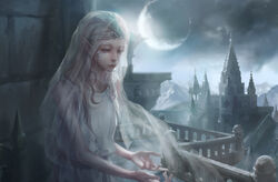  absurdres backlighting bad_id bad_pixiv_id balcony bare_shoulders blurry bridal_veil building castle company_captain_yorshka crescent crescent_hair_ornament dark_souls_(series) dark_souls_iii depth_of_field dress facial_mark female grey_eyes hair_ornament highres jlien- long_hair moon moonlight mountain night night_sky outdoors photoshop_(medium) pointy_ears railing scenery see-through short_sleeves sky solo standing tiara upper_body veil white_dress 