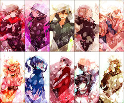  5boys 6+girls :d adjusting_hood adjusting_scarf amamiya_hibiya apron asahina_hiyori bangs_pinned_back black_eyes black_hair black_hoodie black_serafuku black_shirt black_skirt blonde_hair blue_dress blue_eyes blue_hair blue_jacket bright_pupils brown_background brown_eyes brown_hair casual circle collared_jacket column_lineup commentary covering_own_mouth cowboy_shot cupping_hands cursive dress ene_(kagerou_project) expressionless facial_mark from_side goggles green_hair green_jumpsuit grey_background grey_hair hair_between_eyes hair_ornament hairclip hand_up hari_(tottchiya) headphones hood hood_down hood_up hooded_jacket hooded_jumpsuit hoodie jacket jumpsuit kagerou_project kano_shuuya kido_tsubomi kisaragi_momo kisaragi_shintarou konoha_(kagerou_project) kozakura_marry light_brown_hair long_hair long_sleeves looking_ahead looking_at_viewer looking_down looking_to_the_side low_twintails multicolored_background multicolored_clothes multicolored_dress multiple_boys multiple_girls neck_warmer neckerchief one_eye_closed open_mouth orange_dress own_hands_together partially_unzipped photoshop_(medium) pinafore_dress pink_dress popped_collar print_hoodie profile purple_background purple_hoodie red_background red_eyes red_jacket red_scarf scarf school_uniform serafuku seto_kousuke shirt short_hair short_sleeves side_ponytail skirt sleeveless sleeveless_dress sleeveless_jacket sleeves_past_elbows smile symbol-only_commentary tateyama_ayano track_jacket twintails upper_body water_drop white_background white_dress white_jacket white_neckerchief 