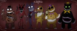  animatronic atlas-white avian bear belly_mouth bib bird bow_(feature) bow_tie button_(fastener) canid canine chicken claws clothing exposed_endoskeleton female five_nights_at_freddy&#039;s five_nights_at_freddy&#039;s_4 fox freddles_(fnaf) galliform gallus_(genus) glowing glowing_eyes group hat headgear headwear hi_res hook hook_hand lagomorph leporid long_tongue machine male mammal nightmare_(fnaf) nightmare_bonnie_(fnaf) nightmare_chica_(fnaf) nightmare_cupcake_(fnaf) nightmare_foxy_(fnaf) nightmare_fredbear_(fnaf) nightmare_freddy_(fnaf) phasianid plushtrap_(fnaf) rabbit robot robotic_tongue scottgames sharp_teeth teeth tongue top_hat 