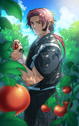  1boy biceps black_hakama bow casual closed_mouth cloud cloudy_sky commentary_request cowboy_shot day hakama hakama_skirt japanese_clothes long_hair long_sideburns looking_at_viewer male_focus outdoors pink_hair ponytail sideburns skirt sky smile solo tasuki tomato tonbokiri_(touken_ranbu) touken_ranbu xxxxchild yellow_eyes 