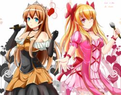  2girls alisa_reinford alternate_costume artist_name bare_shoulders black_dress black_gloves blonde_hair blue_eyes bow brown_hair character_name choker commentary_request company_connection corset crossover crown dress eiyuu_densetsu elbow_gloves falcom gloves hairbow highres hiiragi_asuka_(tokyo_xanadu) idol long_hair microphone multiple_girls one_eye_closed orange_skirt outstretched_hand pink_skirt puffy_sleeves red_bow red_eyes saber-freedom sen_no_kiseki skirt smile tokyo_xanadu 