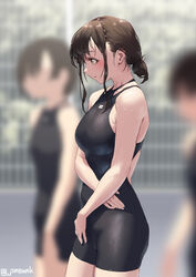  3girls aya_(jonsun) black_one-piece_swimsuit blurry blurry_background breasts brown_eyes brown_hair commentary_request jonsun looking_away medium_breasts multiple_girls one-piece_swimsuit original short_hair swimsuit twitter_username wet wet_hair 