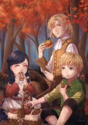  2boys ascot autumn_leaves benno_(honzuki_no_gekokujou) black_shorts blonde_hair blue_hair boots closed_eyes commentary_request cross-laced_footwear dress eating female forest green_eyes hair_ornament hair_stick honzuki_no_gekokujou lolicon long_hair lutz_(honzuki_no_gekokujou) multiple_boys mushroom myne_(honzuki_no_gekokujou) nature outdoors picnic red_eyes seki_rice shorts tree 