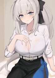  absurdres aqua_eyes arm_at_side belt bingzhi_juzi black_bow black_skirt blush bow bra breasts button_gap cleavage closed_mouth collared_shirt cowboy_shot embarrassed eyelashes fate/grand_order fate_(series) female furrowed_brow grey_hair hair_between_eyes hairbow hand_on_own_chest hand_up head_tilt highres large_breasts long_hair looking_at_viewer morgan_le_fay_(chaldea_satellite_station)_(fate) morgan_le_fay_(fate) multicolored_clothes multicolored_skirt ponytail see-through see-through_shirt shirt sidelocks sitting skirt solo underwear very_long_hair white_belt white_bra white_shirt 