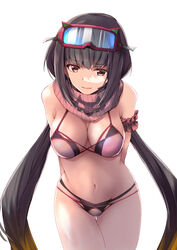  arms_behind_back bikini breasts brown_hair commentary_request fate/grand_order fate_(series) female goggles goggles_on_head gradient_hair large_breasts low_twintails multicolored_hair navel osakabehime_(fate) osakabehime_(swimsuit_archer)_(fate) osakabehime_(swimsuit_archer)_(second_ascension)_(fate) pink_eyes rikudou_inuhiko scarf solo swimsuit twintails white_background 