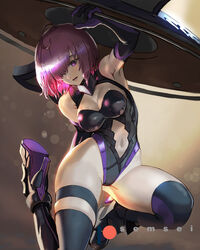  armor armored_dress bare_shoulders breasts commentary_request david_semsei fate/grand_order fate_(series) female gloves hair_over_one_eye high_heels highres holding holding_shield large_breasts lord_camelot_(fate) mash_kyrielight navel open_mouth parted_lips photoshop_(medium) purple_eyes purple_gloves purple_hair shield short_hair solo thighhighs thighs 