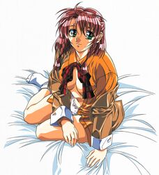  1990s_(style) 1998 bow bow_panties braid doukoku_soshite... female full_body green_eyes jacket long_hair long_sleeves looking_at_viewer no_shoes non-web_source off_shoulder official_art open_clothes open_shirt panties red_hair retro_artstyle sasamoto_riyo sitting smile socks solo twin_braids underwear white_panties yokota_mamoru yokozuwari 