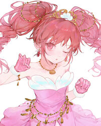  :o bare_shoulders clenched_hand crown dorannnn dress drill_hair earrings female fine_(futagohime) fushigiboshi_no_futago_hime gloves highres jewelry long_hair looking_at_viewer necklace one_eye_closed pink_dress pink_eyes pink_gloves pink_hair simple_background solo white_background 