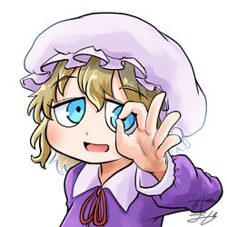  blonde_hair blue_eyes chamaji collared_dress commentary dress female hand_up hat long_sleeves looking_at_viewer lowres maribel_hearn mob_cap neck_ribbon ok_sign ok_sign_over_eye open_mouth profile_picture purple_dress red_ribbon ribbon short_hair signature smile solo touhou upper_body white_background 