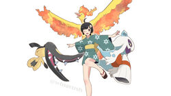  ;d ahoge araragi_tsukihi bangs black_hair blush crossover egg_hair_ornament female food_themed_hair_ornament fooring froslass gen_1_pokemon gen_3_pokemon gen_4_pokemon green_kimono hair_ornament japanese_clothes kimono kimono_skirt leg_up legendary_pokemon mawile moltres monogatari_(series) nisemonogatari one_eye_closed open_mouth outstretched_arms pokemon pokemon_(creature) sandals sash short_hair simple_background smile spread_arms standing standing_on_one_leg twitter_username watermark white_background wide_sleeves yellow_sash 