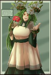  absurd_res amber_eyes branch branch_horn dialogue dryad english_text female female_focus flower green_hair hair hi_res horn humanoid long_hair lotus_(flower) motherly plant plant_hair plant_horn pseudo_hair pseudo_horn reygunpocket_(artist) text 