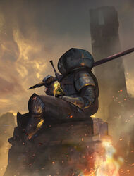  1boy armor claymore_(sword) dark_souls_(series) dark_souls_i day estus_flask fire from_side full_armor gauntlets helm helmet highres holding holding_weapon knight male_focus miso_katsu outdoors over_shoulder realistic shield shiny siegmeyer_of_catarina sitting solo sword tower weapon weapon_over_shoulder 