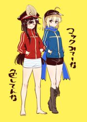  2girls ahoge artoria_pendragon_(fate) bad_id bad_pixiv_id barefoot baseball_cap black_hair black_headwear black_shorts blonde_hair blue_jacket blue_scarf boots breasts brown_footwear closed_eyes closed_mouth cosplay crest cross-laced_footwear family_crest fate/grand_order fate_(series) feet full_body green_eyes hair_through_headwear hands_in_pockets hat headphones headphones_around_neck highres jacket knee_boots kodamari lace-up_boots legs long_hair matching_outfits miniskirt multiple_girls mysterious_heroine_x_(fate) mysterious_heroine_x_(fate)_(cosplay) oda_nobunaga_(fate) oda_nobunaga_(swimsuit_berserker)_(fate) oda_nobunaga_(swimsuit_berserker)_(first_ascension)_(fate) oda_uri peaked_cap ponytail red_jacket rojiura_satsuki:_chapter_heroine_sanctuary scarf shorts simple_background skirt smile track_jacket translation_request white_skirt yellow_background 