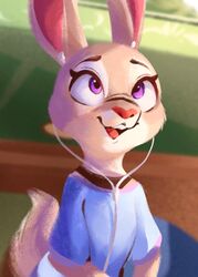  2021 anthro buckteeth cheek_tuft clothed clothing conditional_dnp disney earbuds electronics facial_tuft female fully_clothed fur grey_body grey_fur headphones hi_res judy_hopps lagomorph leporid light lighting mammal monotone_earbuds monotone_headphones open_mouth open_smile purple_eyes rabbit shirt smile solo t-shirt teeth tohupo topwear tuft white_earbuds white_headphones zootopia 