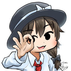  bow brown_hair chamaji commentary fedora female hairbow hand_up hat hat_bow hat_ribbon long_sleeves looking_at_viewer lowres necktie ok_sign ok_sign_over_eye profile_picture red_necktie ribbon shirt short_hair signature smile solo touhou upper_body usami_renko white_background white_bow white_shirt 