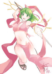  bow breasts dancer dress female fire_emblem fire_emblem:_genealogy_of_the_holy_war green_eyes green_hair groin hairbow lene_(fire_emblem) midriff navel one-hour_drawing_challenge open_mouth pink_bow pink_dress sandals simple_background smile solo tarayuki 