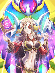  ahoge black_feathers black_wings blonde_hair bodystocking book breasts circlet clear_glass_(mildmild1311) cleavage colored_sclera eyepatch feather_collar feathers female fire_emblem fire_emblem_fates fire_emblem_heroes green_eyes hair_ornament highres holding holding_book long_hair looking_at_viewer lunala medium_breasts navel night o-ring official_alternate_costume ophelia_(fire_emblem) ophelia_(starlit_maiden)_(fire_emblem) pelvic_curtain pokemon pokemon_(creature) puffy_sleeves red_sclera smile swept_bangs wings 