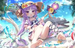  :d animal barefoot beach bikini bikini_skirt blue_sky blush bow bow_bikini branch brown_hat choker cloud commentary_request day dolphin elf female flower flower_choker frilled_bikini frills glowing hat hat_bow hat_flower highres holding holding_staff horizon hydrokinesis kyoka_(princess_connect!) kyoka_(summer)_(princess_connect!) long_hair looking_at_viewer low_twintails ocean off-shoulder_bikini off_shoulder official_alternate_costume orb outdoors palm_tree pink_bikini pink_flower pointy_ears princess_connect! purple_bow purple_eyes purple_hair red_flower sand sidelocks siera_(sieracitrus) sky smile soles solo staff starfish straw_hat sun_hat sunflower swimsuit tree twintails two-tone_bikini very_long_hair water white_bikini white_flower yellow_flower 