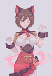  17k_v17 ;) breasts brown_eyes brown_hair circle claw_pose date_pun diamond_(shape) dress epaulettes facial_tattoo female framed_breasts gloves grey_background hair_ornament hands_up highres hologram large_breasts lipstick looking_at_viewer magical_mirai_(vocaloid) magical_mirai_meiko magical_mirai_meiko_(2019) makeup meiko_(vocaloid) number_pun one_eye_closed red_dress smile solo tattoo translated vocaloid white_gloves wrist_cuffs 