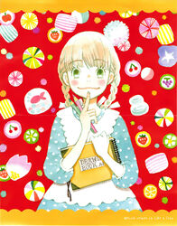  alternate_hairstyle animal apple apron blue_dress blunt_bangs blush braid brown_hair candy cherry closed_mouth colored_pencil colorful copyright_name daisy dress eyelashes female finger_to_mouth fish flower food food-themed_background fruit grapes green_eyes hand_on_own_chest happy highres holding holding_notebook holding_pencil index_finger_raised kawamoto_hinata lemon lemon_slice long_sleeves looking_at_viewer multicolored_background notebook official_art painting_(medium) pencil photoshop_(medium) polka_dot polka_dot_dress puffy_sleeves red_background sangatsu_no_lion simple_background smile solo star_(symbol) strawberry sweets third-party_source too_many_candies traditional_media twin_braids umino_chika watercolor_(medium) white_apron white_flower wide-eyed 