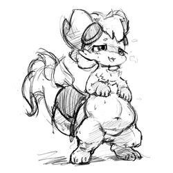  1:1 anthro belly big_belly blush bodily_fluids dragon eyewear fur furred_dragon furred_scalie goggles hi_res humanoid male monochrome musk musk_clouds mythological_creature mythological_scalie mythology nude scalie semi-anthro slightly_chubby solo stuffing sweat tail takko takko_(artist) young 