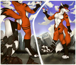  4_toes 5_toes absurd_res adry_victoria_(artist) anthro ass barefoot big_feet black_claws black_ears black_hair black_nose building building_destruction canid canine car city city_background city_crushing city_destruction claws cloud cracks crush destruction detailed_background evil_grin extreme_size_difference feet foot_crush fox fur fur_markings grey_pawpads hair hi_res larger_anthro larger_male macro male mammal markings multicolored_body multicolored_fur pawpads paws raised_foot raised_leg rampage red_body red_fox red_fur red_tail redrick_(erickredfox) road shadow showing_teeth size_difference size_play smile smiling_at_each_other solo stomping tail teeth toes trampling true_fox two_panel_image two_tone_body two_tone_fur vehicle walking white_body white_fur 