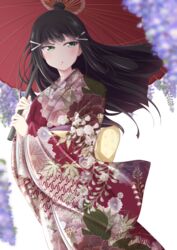  :o back_bow black_hair blurry bow chiro_(bocchiropafe) commentary_request depth_of_field female floral_print flower green_eyes hair_ornament hairclip highres holding holding_umbrella japanese_clothes kimono kojitsunagi_(pattern) kurosawa_dia light_blush long_hair long_sleeves love_live! love_live!_sunshine!! mole mole_under_mouth oil-paper_umbrella peony_print print_kimono purple_flower red_kimono sash solo umbrella wide_sleeves wisteria wisteria_print 