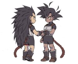  2boys aged_down ahoge armor bad_id bad_twitter_id black_eyes black_gloves black_hair black_shorts boots breastplate dragon_ball dragon_ball_super dragon_ball_super_broly eye_contact fingerless_gloves full_body gloves handshake komebeimai lolicon long_hair looking_at_another male_focus monkey_tail multiple_boys raditz saiyan_armor serious short_hair shorts simple_background spiked_hair standing sweat sweatdrop tail tight_clothes tullece turtleneck v-shaped_eyebrows white_background 