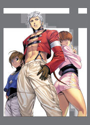  2boys abs ass border brown_hair character_name chris female hair_over_eyes highres homare_(fool&#039;s_art) king_of_fighters legs microskirt multiple_boys nanakase_yashiro ponytail shermie side_slit skirt snk striped_background suspenders thighs white_hair 