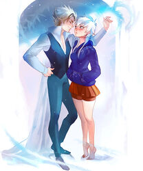  1boy elsa_(frozen) female frozen_(disney) jack_frost_(rise_of_the_guardians) rise_of_the_guardians rule_63 sakimichan skirt snow white_hair 