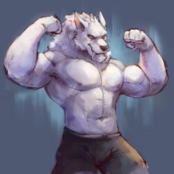  1:1 abs anthro blizzard_entertainment canid fangs fur hi_res male mammal muscular muscular_anthro muscular_male nipples notsophatmatt pecs solo teeth warcraft were werecanid white_body white_fur worgen 