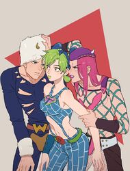  2boys abs arm_grab birthmark blue_eyes bracelet breasts clenched_teeth codpiece crop_top double_bun english_commentary fake_horns female fishnet_top fishnets fur_hat green_eyes green_hair green_lips hair_bun hat highres honlo horned_hat horns jewelry joestar_birthmark jojo_no_kimyou_na_bouken kujo_jolyne lipstick long_hair looking_at_another makeup medium_breasts multicolored_hair multiple_boys narciso_anasui navel open_mouth parted_lips pink_eyes pink_hair serious sleeveless spider_web_print standing stone_ocean teeth weather_report 