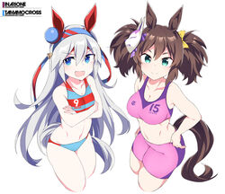  2girls animal_ears bike_shorts bikini blue_eyes breasts brown_hair character_name cleavage cropped_legs crossed_arms ear_covers green_eyes hair_between_eyes hands_on_own_hips headband horse_ears horse_girl horse_tail inari_one_(umamusume) large_breasts long_hair multicolored_bikini multicolored_clothes multiple_girls numbered pink_shorts purple_sports_bra red_headband shigino_sohuzi shorts simple_background small_breasts smile sports_bikini sports_bra striped striped_sports_bra swimsuit tail tamamo_cross_(umamusume) umamusume white_background white_hair 