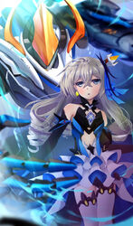  absurdres breasts bronya_zaychik bronya_zaychik_(herrscher_of_reason) center_opening commentary crossed_bangs drawdream1025 dress drill_hair earrings elbow_gloves female gloves grey_eyes grey_hair hair_ornament highres honkai_(series) honkai_impact_3rd jewelry layered_dress long_hair looking_at_viewer mecha navel open_mouth parted_lips project_bunny quad_drills robot solo standing 