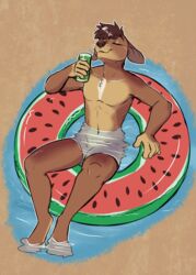  alcohol arms_bent beer bent_legs beverage canid canine canis domestic_dog drinking feet_in_water feet_over_edge food_pool_toy food_print fruit_pool_toy fruit_print hi_res inflatable inflatable_ride inflatable_support inner_tube male mammal odin_(disambiguation) on_pool_toy on_swim_ring over_edge partially_submerged plant_print pool_toy print_pool_toy raised_arm raised_hand relaxing rika_(artist) soji solo summer sunken_seat supported_arm swim_ring up_and_over water watermelon_pool_toy watermelon_print 