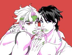  2boys after_kiss birthmark blue_eyes collarbone dio_brando earrings fangs fingernails green_lips green_nails headband honlo jewelry joestar_birthmark jojo_no_kimyou_na_bouken jonathan_joestar lipstick lipstick_mark long_hair looking_at_viewer makeup male_focus multiple_boys muscular muscular_male nipples open_clothes open_shirt pectorals phantom_blood red_background red_eyes sharp_fingernails shirt short_hair smeared_lipstick stardust_crusaders tongue tongue_out yaoi 