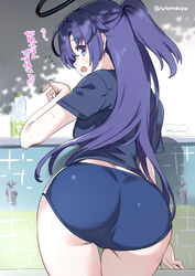  ahoge ass blue_archive blue_buruma blue_hair bottle breasts buruma commentary_request faucet female from_behind gym_uniform highres leaning_forward long_hair looking_at_viewer looking_back official_alternate_costume open_mouth shirt short_sleeves solo sparkle star_sticker sticker_on_face super_zombie twitter_username water water_bottle yuuka_(blue_archive) yuuka_(track)_(blue_archive) 