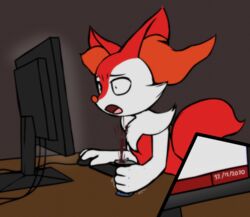  2020 4_fingers anthro beverage_can braixen breasts canid canine chest_tuft computer computer_monitor computer_mouse constricted_pupils dark dark_humor desk digital_media_(artwork) dominator_(typicaldork) e254e ear_tuft electronics facial_tuft fan_character female fingers fist fluffy fluffy_tail fur furniture furrowed_brow generation_6_pokemon hi_res keyboard mammal motion_lines multicolored_body multicolored_fur nintendo open_mouth orange_body orange_fur pokemon pokemon_(species) pupils reaction_image realization red_body red_fur scared shaking shocked small_breasts small_pupils solo spray table tail tongue trembling tuft white_body white_fur wire 