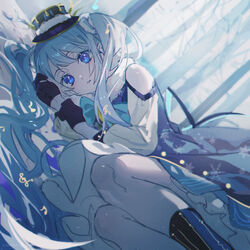  bare_shoulders black_gloves blue_dress blue_eyes blue_hair borrowed_design commentary detached_sleeves dress dutch_angle eighth_note female gloves glowing half_gloves hat hat_branch hatsune_miku highres hitokoto kneehighs light_blue_hair long_hair looking_at_viewer lying musical_note on_side parted_lips sleeveless sleeveless_dress snow snowflakes socks solo treble_clef tree twintails very_long_hair vocaloid white_sleeves yuki_miku yuki_miku_(2021)_(candidate_no.4) 