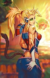  arm_tattoo armor ass ass_grab blonde_hair blue_eyes blue_pants blurry blurry_background breasts brown_fur commentary cowboy_shot crossover danderfull dragon_ball dragon_ball_z english_commentary female gloves grabbing_own_ass green-tinted_eyewear highres long_hair looking_back medium_breasts metroid metroid_(creature) midriff mole mole_under_mouth monkey_tail muscular muscular_female pants pauldrons ponytail saiyan saiyan_armor samus_aran scouter shoulder_armor shoulder_tattoo signature single_bare_shoulder single_pauldron spiked_hair standing super_saiyan tail tattoo tinted_eyewear white_gloves 