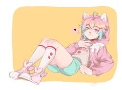  2018 5_fingers alternative_fashion blue_bottomwear blue_clothing blue_eyes blue_fingernails blue_hair blue_nails blue_shorts bottomwear clothing colored_nails digital_media_(artwork) fairy_kei fake_cat_ears fake_ears femboy fingernails fingers footwear glistening glistening_eyes hair heart_symbol hoodie human j-fashion leaning leaning_backward long_socks looking_at_viewer male mammal momo_(reiven) multicolored_eyes multicolored_hair nails pink_body pink_clothing pink_footwear pink_hair pink_hoodie pink_shoes pink_skin pink_topwear red_eyes shaded shoes shorts simple_background solo sonyan speech_bubble topwear two_tone_eyes two_tone_hair 