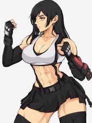  abs alternate_muscle_size bare_shoulders belt black_gloves black_hair black_skirt black_sports_bra black_thighhighs breasts cleavage clenched_hands collarbone cowboy_shot crop_top earrings elbow_gloves elbow_pads female fighting_stance final_fantasy final_fantasy_vii final_fantasy_vii_remake fingerless_gloves gloves highres jewelry large_breasts looking_to_the_side medium_hair midriff muscular muscular_female navel red_eyes shirt skirt sleeveless sleeveless_shirt solo sports_bra suspenders thighhighs thighs tifa_lockhart underwear white_background white_shirt yoracrab 