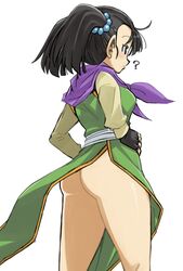  ? absurdres ass black_hair breasts closed_mouth dragon_quest dragon_quest_iii female fighter_(dq3) fingerless_gloves gloves hair_bobbles hair_ornament highres long_hair muramasa_mikado short_twintails simple_background solo twintails white_background 