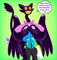  alduin_hearth_(character) anthro avian barnaby_(billie_bust_up) big_breasts billie_bust_up bird blank_expression boobs_on_head bottomwear bow_tie breasts canid canine canis clothing crazybluedog.exe_(artist) domestic_dog duo empty_eyes english_text female femboy feral ghost hi_res huge_breasts humanoid husky male mammal necktie nordic_sled_dog owl pants shirt size_difference spirit spitz text thick_thighs topwear wide_hips 