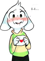  asriel_dreemurr blush boss_monster_(undertale) bovid caprine fur holding_letter holding_object letter lolicon long_ears love_letter male mammal monster psibunny simple_background solo stuttering undertale undertale_(series) white_body white_fur young 