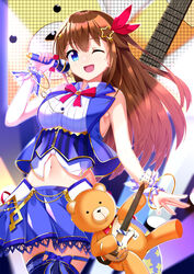  ;d ankimo_(tokino_sora) armpit_peek blue_eyes blue_skirt blue_vest breasts brown_hair commentary_request crop_top cropped_shirt female guitar hair_flaps hair_ornament hair_ribbon hairclip highres hololive instrument large_breasts leg_ribbon long_hair mascot mate_(oktavia1121) microphone midriff miniskirt navel official_alternate_costume one_eye_closed open_mouth pleated_skirt red_ribbon ribbon shirt skirt sleeveless sleeveless_shirt smile solo star_(symbol) star_hair_ornament stuffed_animal stuffed_toy teddy_bear thigh_ribbon thighhighs tokino_sora tokino_sora_(1st_costume) vest virtual_youtuber waist_cape white_shirt 