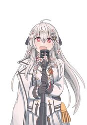  ahoge anti-materiel_rifle black_gloves blush bolt_action female flower frills girls&#039;_frontline gloves grey_hair gun hair_between_eyes hair_flower hair_ornament hairclip highres holding holding_microphone_stand iws_2000_(girls&#039;_frontline) jacket jacket_on_shoulders long_hair microphone microphone_stand open_mouth pink_flower red_eyes rifle simple_background sniper_rifle solo steyr_iws_2000 tab_(tabkun) teeth upper_body very_long_hair weapon white_background white_jacket 